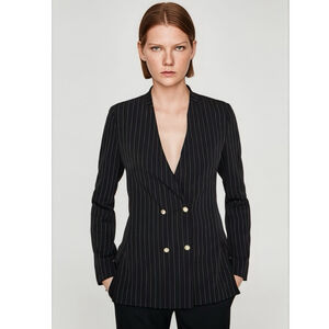 ZARA Black Pinstripe Double Breasted Blazer Gold Buttons Size Large